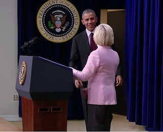 President Barack Obama greets Lilly Ledbetter after she introduces him at a Jan. 29 announcement. President Barack Obama greets Lilly Ledbetter after she introduces him at a Jan. 29 announcement.