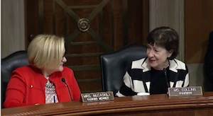 Sen. Susan Collins (R-ME), right, compliments Sen. Claire McCaskill (D-MO) at the beginning of a Nov. 30 hearing of the Senate Special Committee on Aging. Sen. Susan Collins (R-ME), right, compliments Sen. Claire McCaskill (D-MO) at the beginning of a Nov. 30 hearing of the Senate Special Committee on Aging.