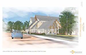 This artist's rendering of First Community Village shows how the community's fitness center and spa are positioned near the front entrance. (Image courtesy of three: living architecture) This artist's rendering of First Community Village shows how the community's fitness center and spa are positioned near the front entrance. (Image courtesy of three: living architecture)