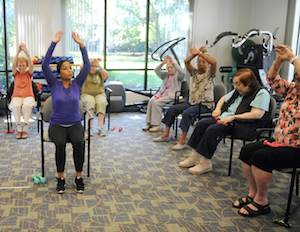 Residents exercise at Hebrew SeniorLife's Simon C. Fireman Community. Residents exercise at Hebrew SeniorLife's Simon C. Fireman Community.