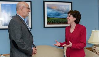 Lenard W. Kaye, DSW, Ph.D., of the University of Maine speaks with Sen. Susan Collins (R-ME), chairwoman of the Senate Special Committee on Aging. Lenard W. Kaye, DSW, Ph.D., of the University of Maine speaks with Sen. Susan Collins (R-ME), chairwoman of the Senate Special Committee on Aging.