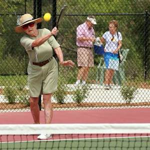 Dee Grace demonstrates her paddle technique on Morningside’s new pickleball court. Dee Grace demonstrates her paddle technique on Morningside’s new pickleball court.