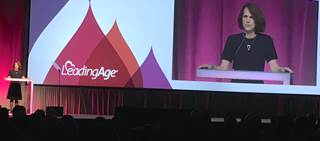 LeadingAge President and CEO Katie Smith Sloan speaks Monday at the general session of the LeadingAge Annual Meeting & Expo. LeadingAge President and CEO Katie Smith Sloan speaks Monday at the general session of the LeadingAge Annual Meeting & Expo.